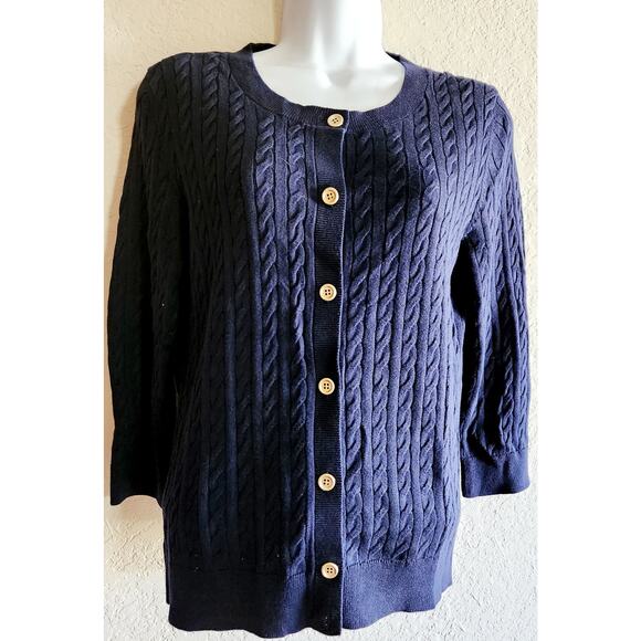 Talbots Navy Blue Gold Button Up Cable Knit Cardigan Sweater Small Petite - Picture 1 of 5